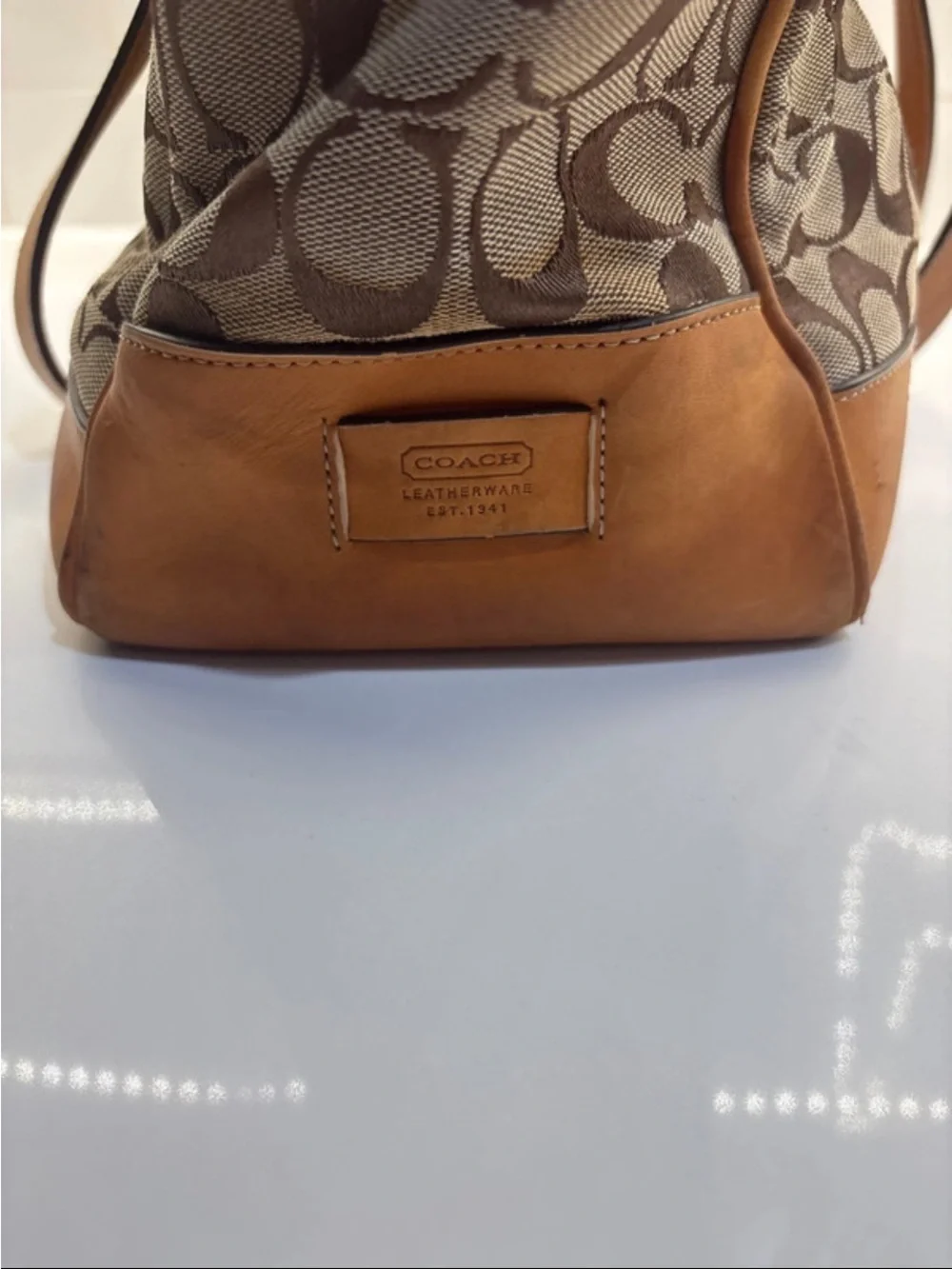 Coach Beige Signature Canvas Tote with Brown Leather Trim